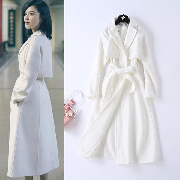 

2019 new arrival pearl design white black wool coat women winter warm woolen long trench coats elegant ladies outwear female