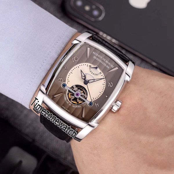 

новый kalpa pf012690.01 стальной корпус серый циферблат с запасом хода турбийон автоматические мужские часы коричневые кожаные дешевые часы, Slivery;brown