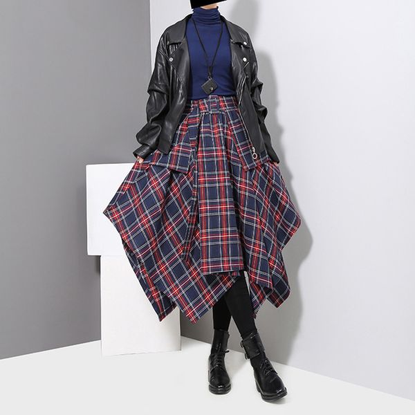 

skirts for women 2019 new spring high waist plaid split loose big hem half body skirt women fashion tide all match jd402, Black