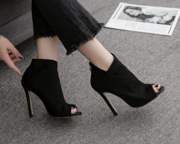Venda Quente-New Design Stretch Tecido Mulheres Ankle Boots Sexy Peep Toe Cut-Out Heaver Heavers Shoes Mulheres Botões Sandálias