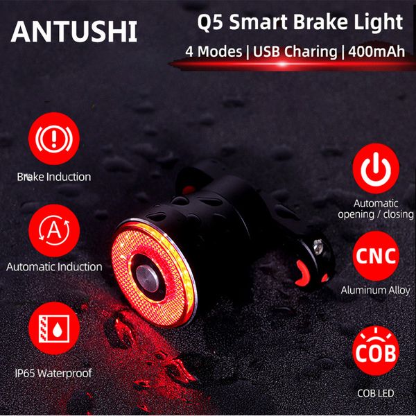 

antushi bicycle smart auto brake sensing light ipx6 waterproof led charging cycling taillight bike rear light accessories q5