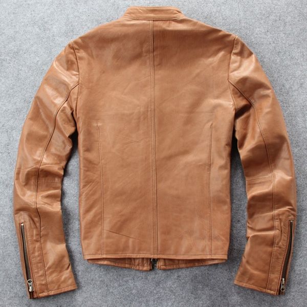 

осень новая японская кожа mens мото байкер овчины slim fit стенд воротник короткие одежда кожаная куртка brown молния пальто, Black