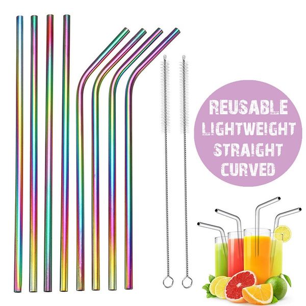 

4pcs colorful stainless steel straws reusable straight bent metal drinking straw with cleaner brush set bar party accessory