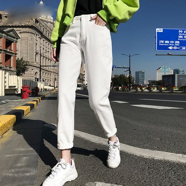 

100%cotton white jeans for women high waist mom jeans spring 2019 new plus size black women jeans denim pants beige blue