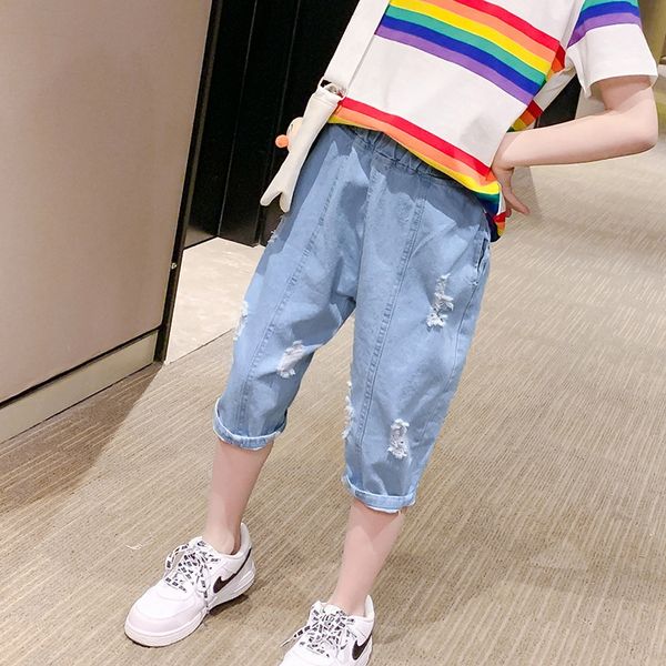 

girls pure cotton capri 2020 children's hole summer dress foreign style girls wear pants outside and jeans pants and jeans, Blue