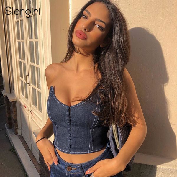 

slergiri sleeveless strapless crop women summer 2020 breasted denim bustier streetwear ladies backless tank top, White