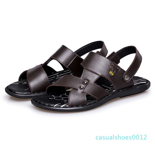 

big size mens casual cow leather summer seaside shoes outdoor open toe beach sandals flat flip flop black brown slippers zapatos 12c