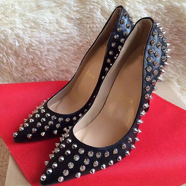 

brand shoes red sloe womens pumps high heel shoes rivet pointed toe fine heel lady wedding shoes bottom for the red 8cm 10cm 12cm t05, Black
