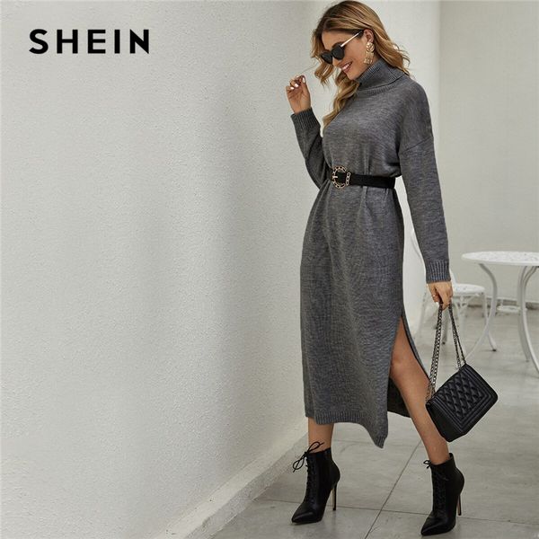 

shein grey solid funnel neck drop shoulder sweater dress without belt women spring high street split hem casual long dresses, Black;gray