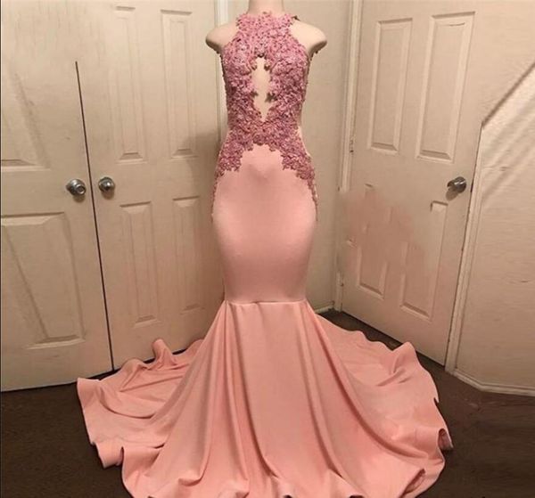 

halter neck sleeveless robe de soiree evening dresses abiye peach-pink mermaid prom gowns lace appliques long prom dress formal dress, Black;red