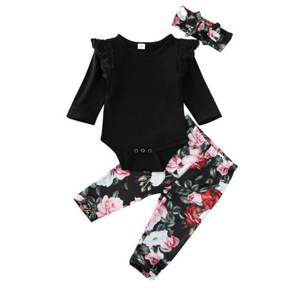 

pudcoco toddler baby girl clothes spring autumn long sleeve lace patchwork bodysuit pants headband outfit 3pcs, White