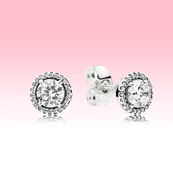 Brincos redondos brilhantes com diamante CZ, joias de casamento para mulheres com caixa de logotipo original para conjuntos de brincos de prata esterlina 925 Pandora