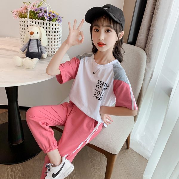 

girls color matching set 2020 big children sports two-piece girl color matching leisure set korean fan leisure