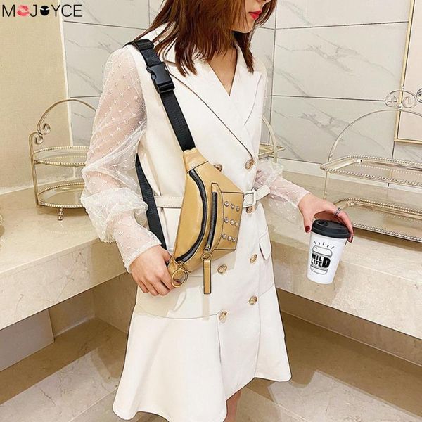 

women pu leather chest bags rhinestone waist zipper casual messenger packs