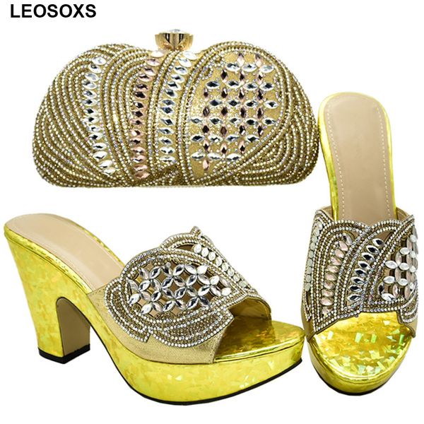 

african shoe and bag set decorated with rhinestone summer high heeled shoes for women party nigerian women shoes and bag set, Black