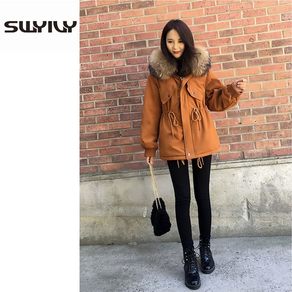 

swyivy women jacket coats slim big fur collar hooded warm 2018 new winter female casual solid coat outwear woman parkas size xxl, Black