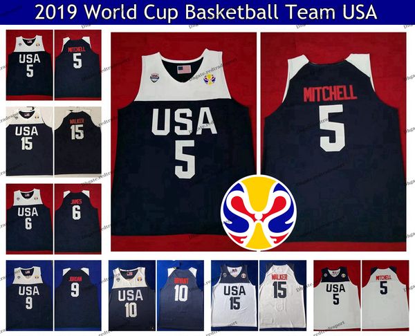 

2019 world cup usa team basketball kemba walker 15 donovan mitchell 5 lebron james 6 kobe bryant 10 michael jodan 9 jerseys stitched logo, Black;red