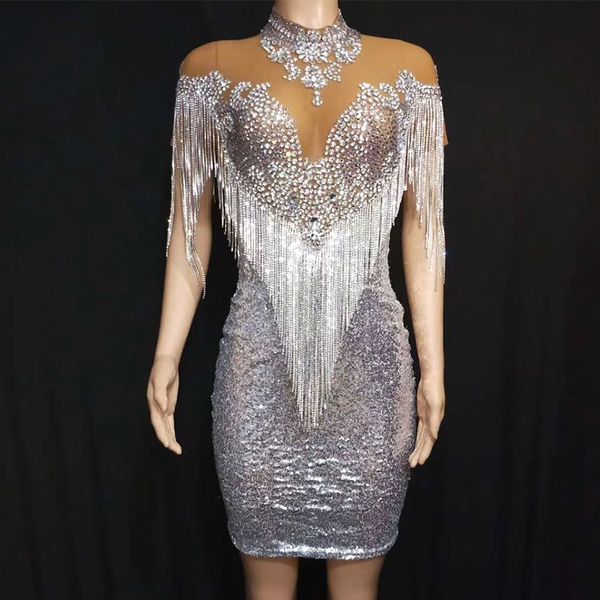 

stage wear festival outfit silver rhinestones fringe tassels mesh dress prom evening party singer birthday celebrate crystal dresses dt1780, Black;red