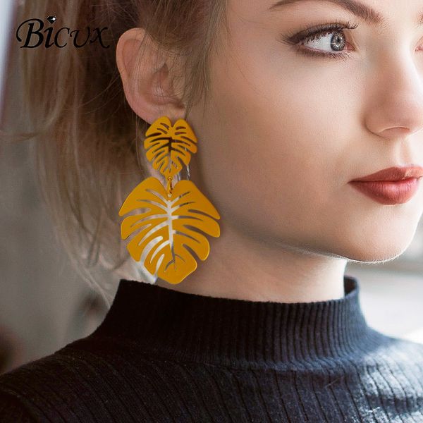 

bicux statement big leaf drop earrings 2019 for women fashion vintage geometric yellow green long hollow metal earring jewelry, Silver