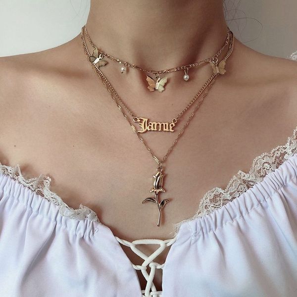 

european and american new popular personality flower body hollowed-out letter necklace retro mash-up rose butterfly necklace, Golden;silver