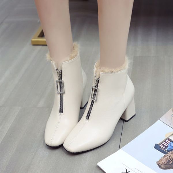 

front zipper thin boots square head thick with velvet thickening 2019 winter new boots, Black