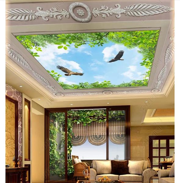 Customized 3d Zenith Photo Ceiling Background Mural European Pattern Border Sky Eagle Plant Leaves Fresh Ceiling Zenith Mural Wallpaper Wallpaper Wide
