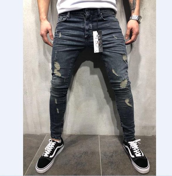 

men jean long skinny leg slim fit casual hole strech denim pants skinny jeans clubwear, Blue