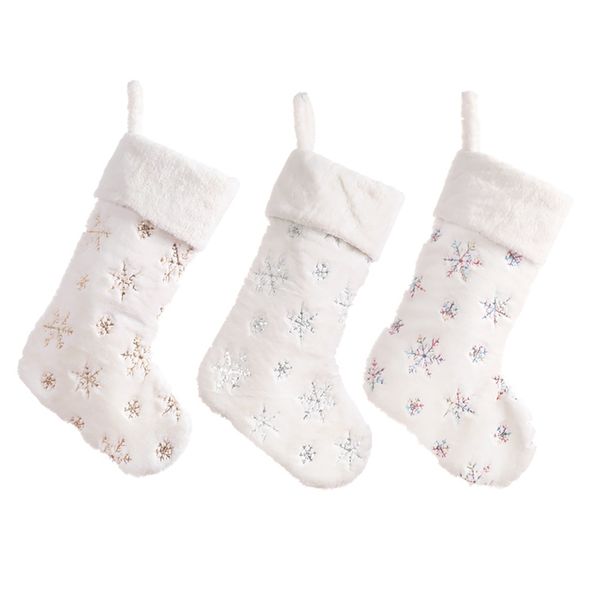

3pcs snowflakes embroidered white plush christmas stockings gifts bag hanging loops xmas tree fireplace candy socks