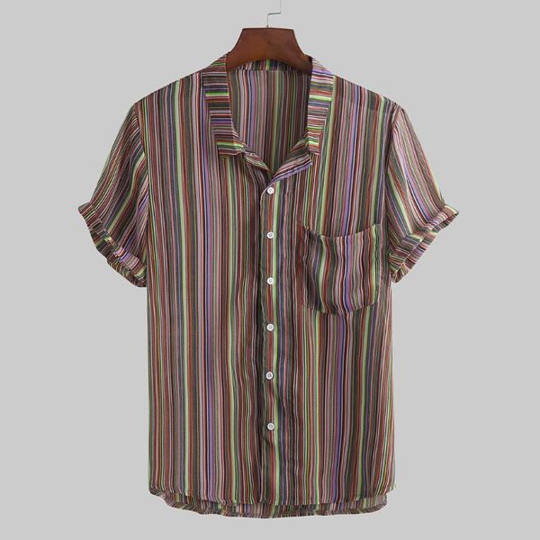 

feitong holiday beach shirt men summer turn-down collar casual striped print short sleeve shirt camisa masculina, White;black