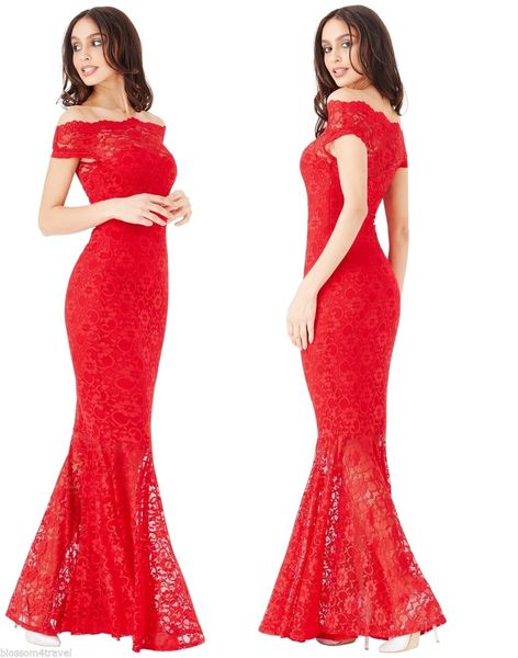 

amazing red lace bardot maxi off the shoulder formal evening dresses fishtail mermaid formal party prom dress, Black