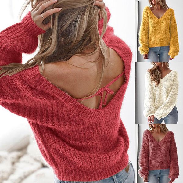 

ladies blouse solid color backless sweaters women long sleeve v-neck knitted sweater blouse pullover women loose, White;black