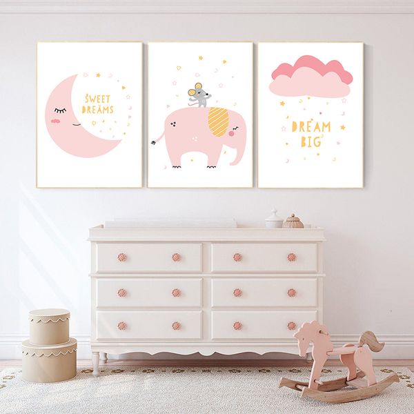

cartoon sweet freams elephant nursery decor new baby gift canvas painting light pink wall art pictures poster and print decor