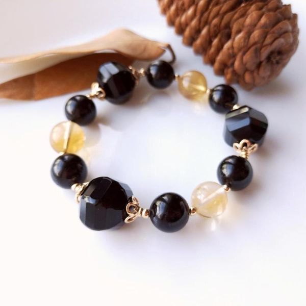 

liiji unique genuine stone bracelet citrines black agates black tourmaline 925 sterling silver gold color strech bracelet