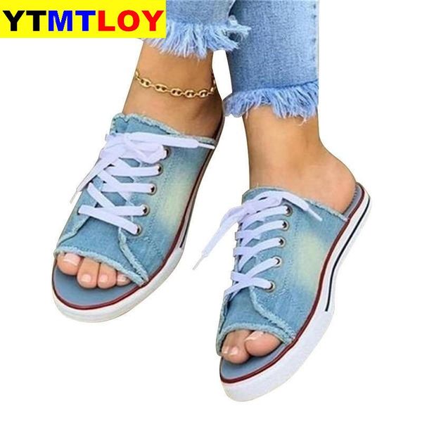 

summer women sandals open toe flat shoes canvas ladies shoes fish mouth denim lace-up sneakers sandals, Black