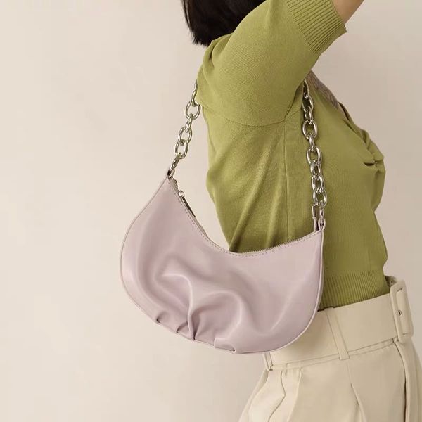 

new pu leather women pleated half moon handbags 2020 chic summer underarm bag fashion solid color chain female shoulder bag