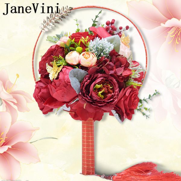 Acheter Janevini Romantique Chinois Rouge Rose Mariage Bouquets Déventail Des Roses Artificielles Avec Des Feuilles En Métal Nuptiale Rondes