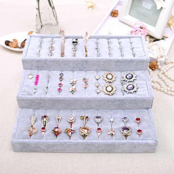 

velvet jewelry organizer three layers ring jewellery display holder ring display stand storage box jewelry organizer case casket, Black