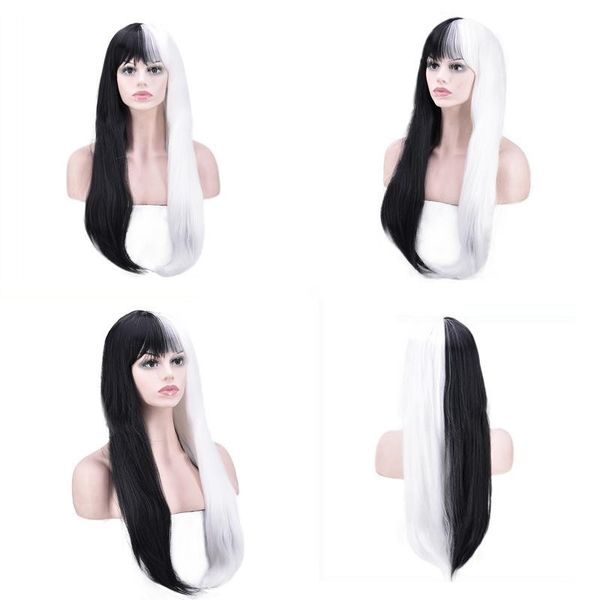 

fashion women's black white two colors bangs long straight hair fringe straight hair wig for chic girls, chemical fiber wigs