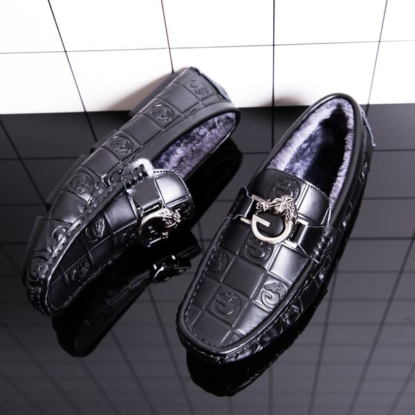 

men loafers moccasins winter leather casual shoes mens warm fur plush flats gommino slip on driving shoes mocassin home black