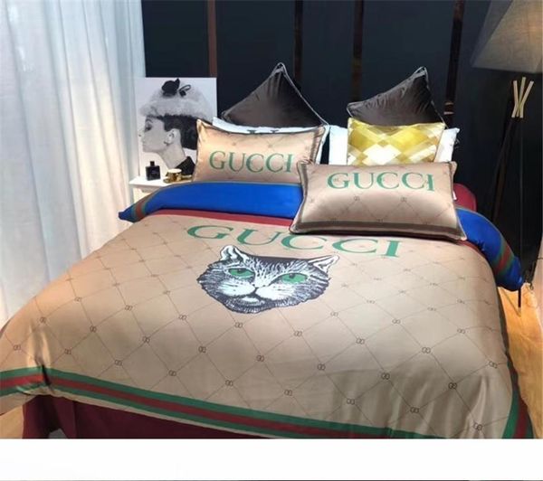 Khaki Grid Letter Bedding Suit Cat Print Letter Cotton Bed Cover