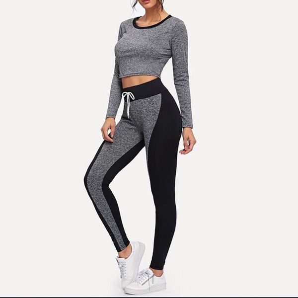

womens sportswear fashion long sleeve splice lacing round neck casual pants set suit sport women femme t#, Black;blue
