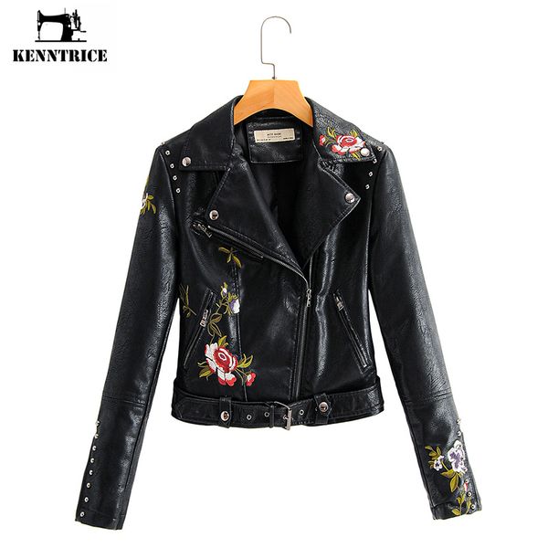 

women's leather & faux kenntrice women floral print embroidery soft jacket fashion coat casual pu motorcycle black punk outerwear
