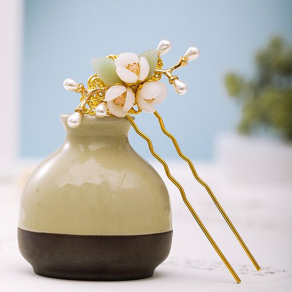 

getnoivas handmade pearl hair forks gold hairpin chinese vintage gold color hairpin flower women hair headdress accessories sl, Golden;white