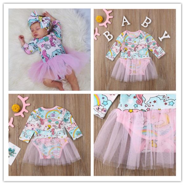 

2020 newborn baby girls mesh skirts infant spring clothes toddler unicorn long sleeve dresses jumpsuit romper pullover 70-100cm e21903, Red;yellow