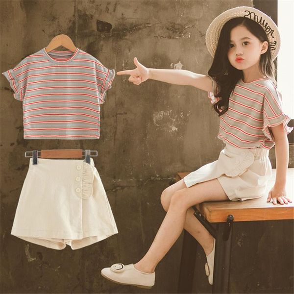 

4-12years summer girls clothing sets baby kids girl clothes short-sleeved t shirt+shorts 2pcs suit teen children outfits, White