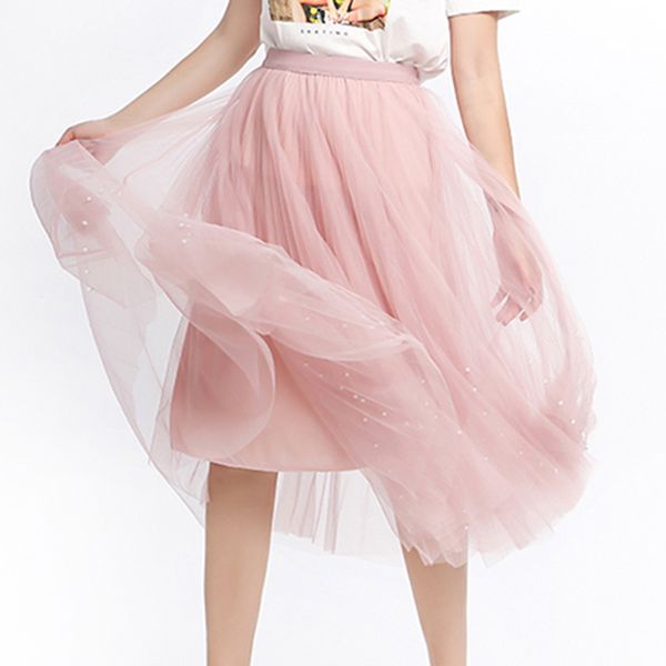 

women's long skirt 2019 summer fashion mesh a-line skirt elegant tulle pleated skirts sweet beads midi saia female, Black