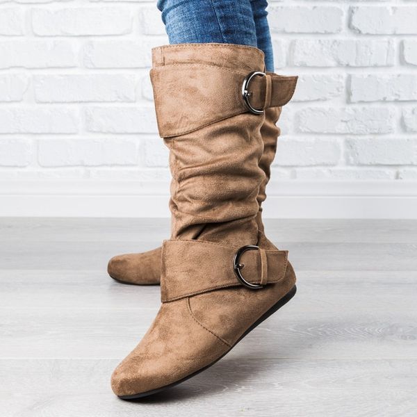 

adisputent women's boots flat shoes round head and calf suede buckle zipper fashion buckle shoes casual 2019 fashion, Black