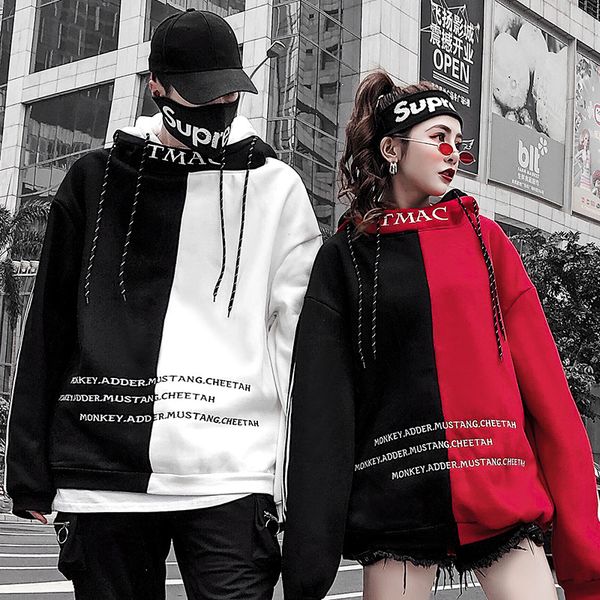 

men's hoodies brand hooded sweater tide men autumn winter plus velvet country couple harajuku style stitching pullover hoodie size s-xl, Black