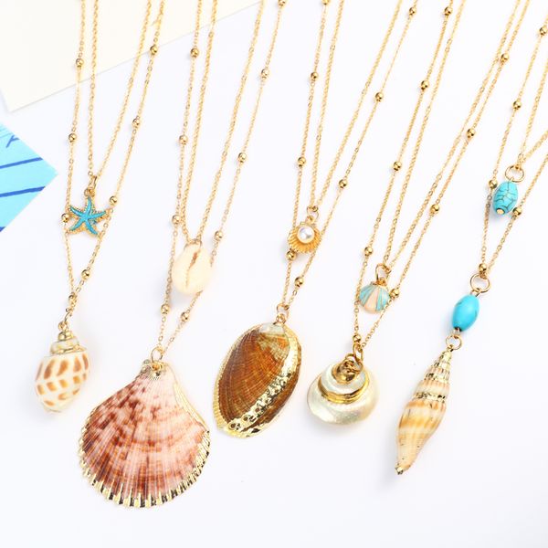

trendy colorful shell double with bead chain statement necklace pendant necklace for women jewelry gifts for friends, Golden;silver