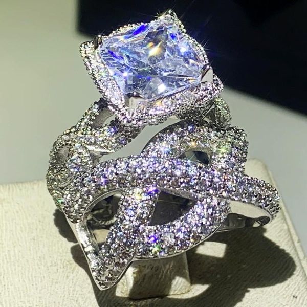 

us size 5-10 hip hop vintage fashion jewelry 925 sterling silver couple rings princess cut white z cz diamond wedding bridal ring set, Slivery;golden